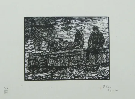 Incisione Su Legno Colin - Le cheval au bain