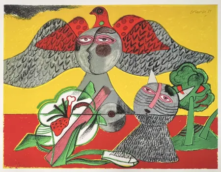 Grafica Numerica Corneille - Chat, Fleur et Oiseau, 1984, Tirage à 45 ex.