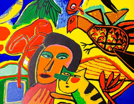 Litografia Corneille - Corneille (1922–2010) – Vrouw, vogels en kat – Color lithograph on paper – 1996