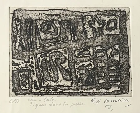 Acquaforte Corneille - Eau-forte encadrée en couleurs Signes dans la pierre, 1953. Epreuve d'artiste EA