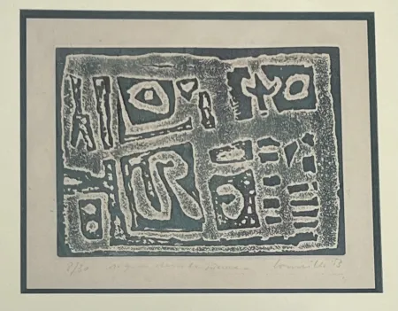 Acquaforte Corneille - Eau-forte encadrée en couleurs Signes dans la pierre, 1953. Numéro 15/30