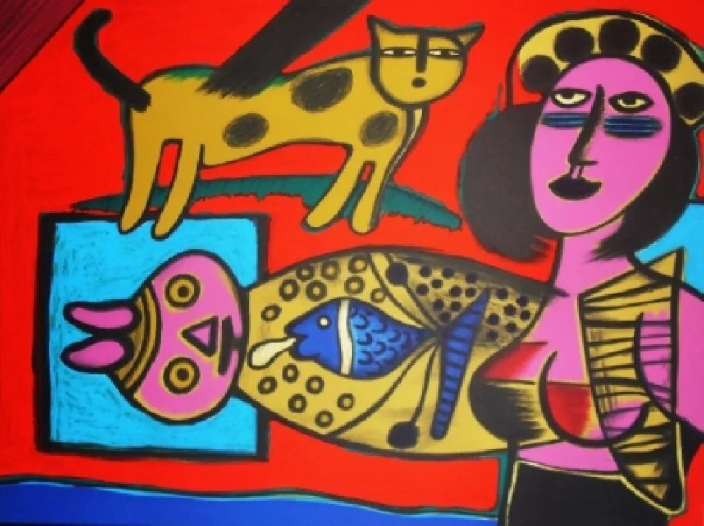 Litografia Corneille - Femme et chat