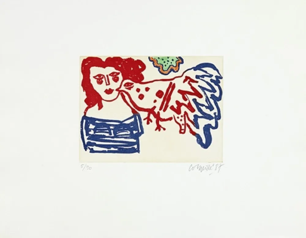 Incisione Corneille - Femme et oiseau