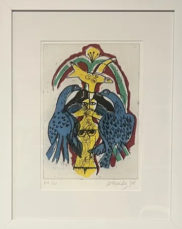 Incisione Corneille - Gravure encadrée, Femme et oiseaux, EA 1/10, 1998