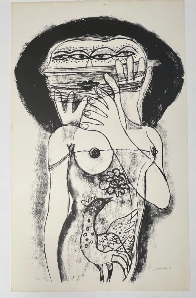 Non Tecnico Corneille -  Lithographie ancienne La femme aux trois viages, 1980