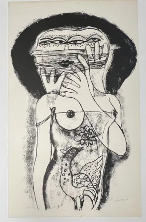 Non Tecnico Corneille -  Lithographie ancienne La femme aux trois viages, 1980
