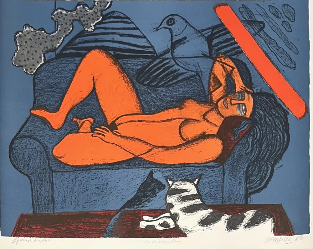 Litografia Corneille - Lithographie ancienne Le divan bleu 1988