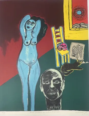 Litografia Corneille -  Lithographie Autoportrait au crâne Mexicain 1976 E/A