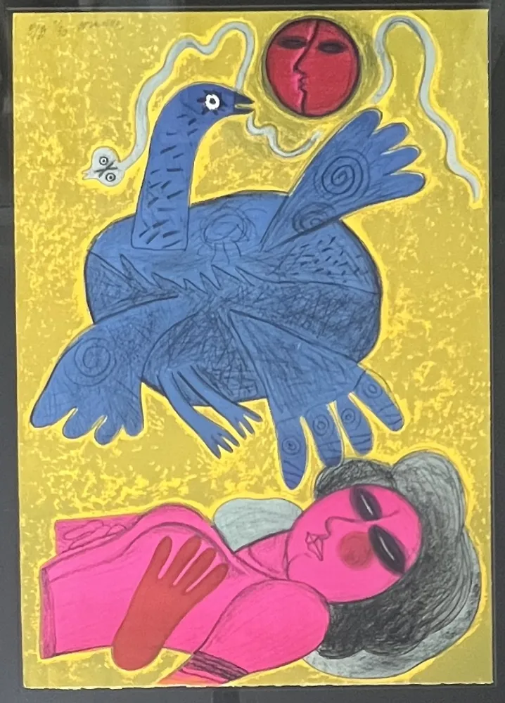 Litografia Corneille - Lithographie encadrée L'oiseau Cobra 1988