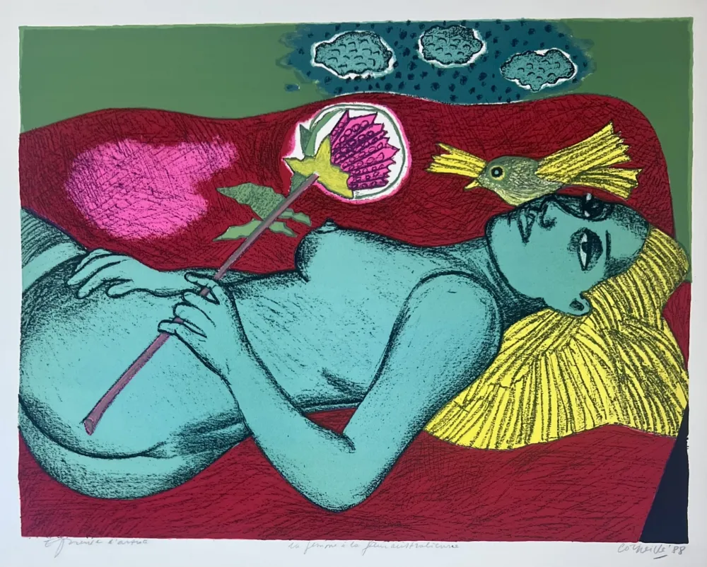 Litografia Corneille - Lithographie Femme à la fleur australienne, 1988