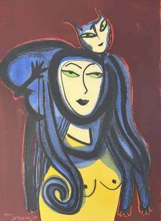 Litografia Corneille - Lithographie Femme au chat 1998