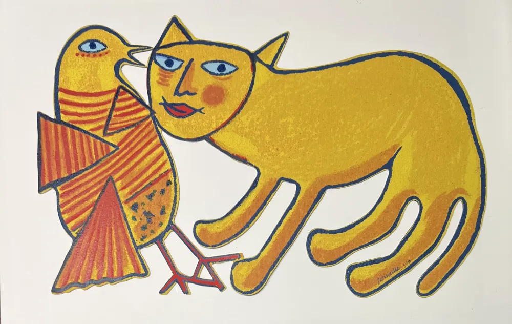 Multiplo Corneille - Sculpture en métal : Chat et oiseau