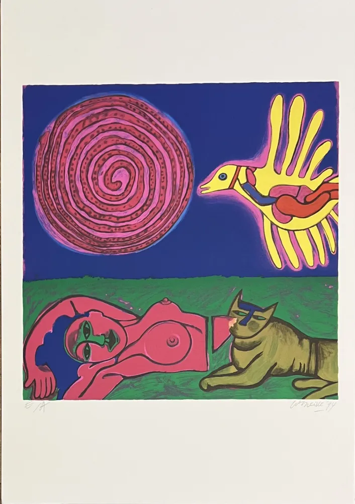 Serigrafia Corneille - Sérigraphie Femme, Chat et oiseau, 1994