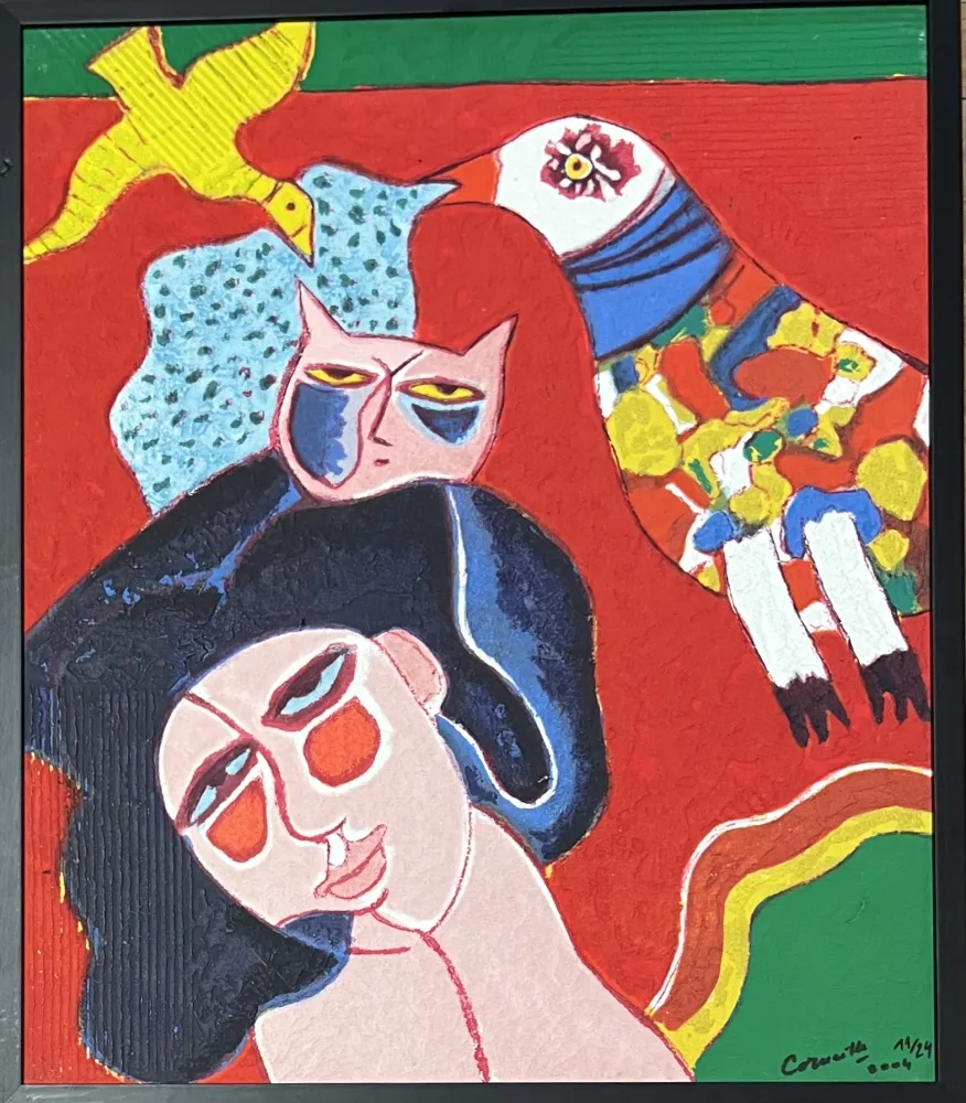 Multiplo Corneille - Terragraphie signée sur toile Femme Chat Oiseau