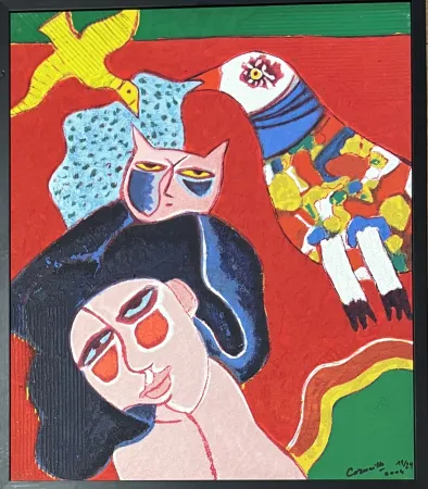 Multiplo Corneille - Terragraphie signée sur toile Femme Chat Oiseau