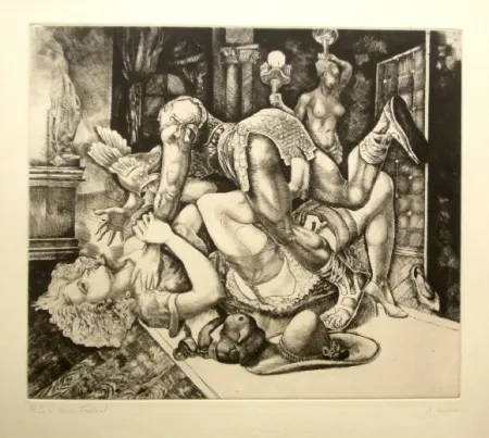 Acquaforte Courmes - Dame journaliste bousculée par un personnage comique