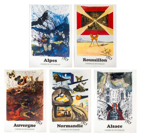 Manifesti Dali - Alpes, Auvergne, Alsace, Roussillon et Normandie. Suite des 5 affiches pour la SNCF. 1969