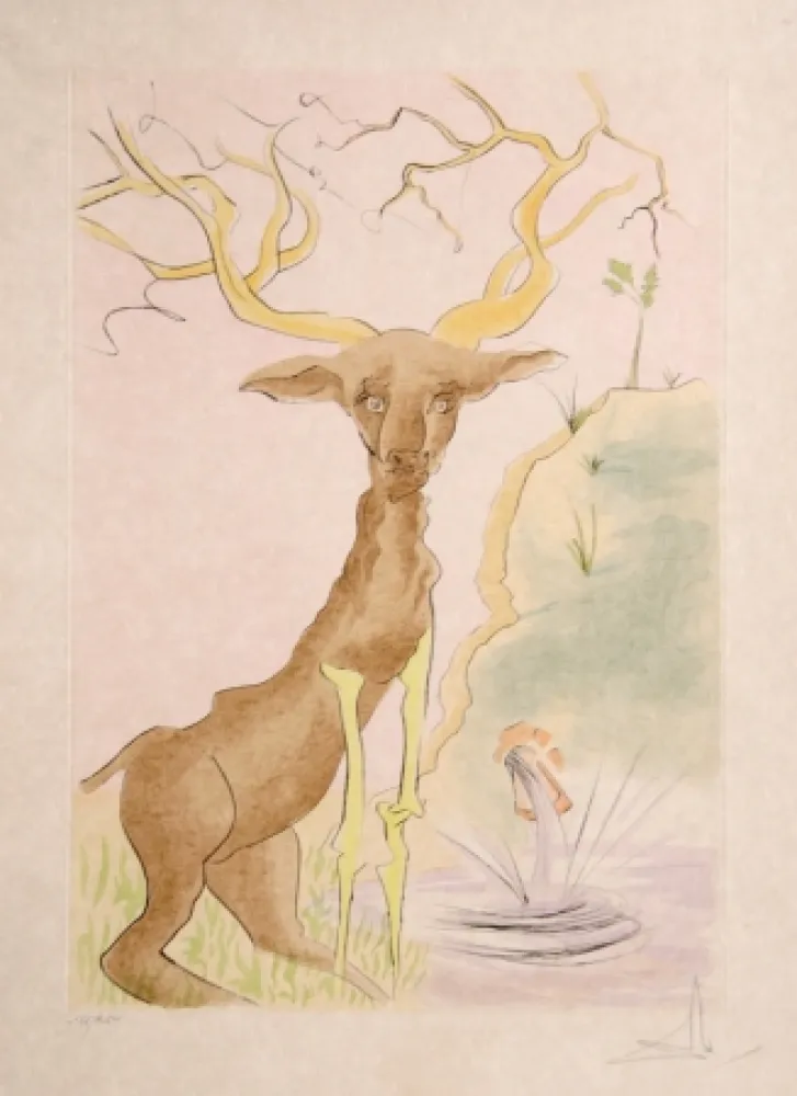 Incisione Dali - Le Cerf se Voyant dans l'eau from the Le Bestaire de La Fontaine Suite