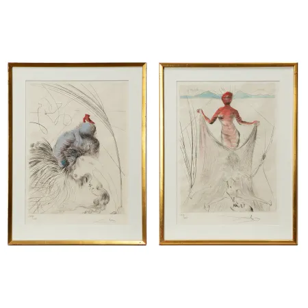 Punta Secca Dali - Salvador Dalí (1904–1989) - “Femme a la Chaussure” and “La Femme tentant un voile” from the suite “Venus aux fourrures” - Hand watercolored drypoint etching on Japanese paper - 1969