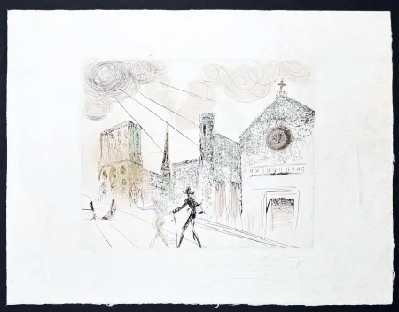 Incisione Dali - Salvador Dalí (1904–1989) - Notre-Dame de Paris - Drypoint, etching with aquatint, hand-coloured on Japanese paper - 1969
