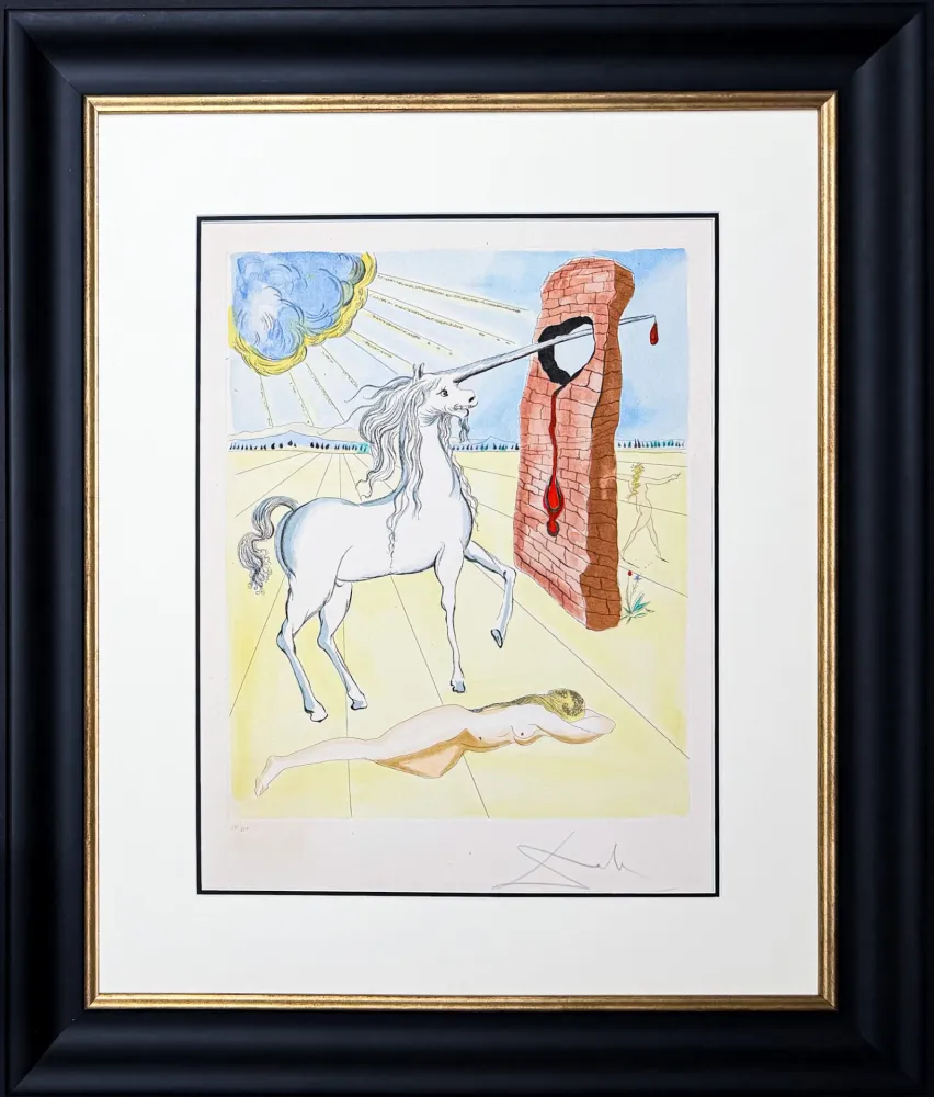 Incisione Dali - Salvador Dalí (1904–1989) - The Agony of Love (Unicorn) - Color etching, aquatint with stencil on paper - 1978