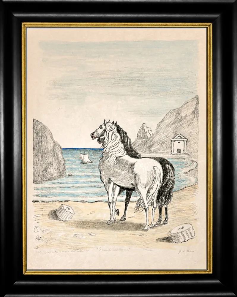 Litografia De Chirico - Cavalli in riva al Tirreno (I cavalli mediterranei)