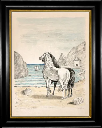 Litografia De Chirico - Cavalli in riva al Tirreno (I cavalli mediterranei)