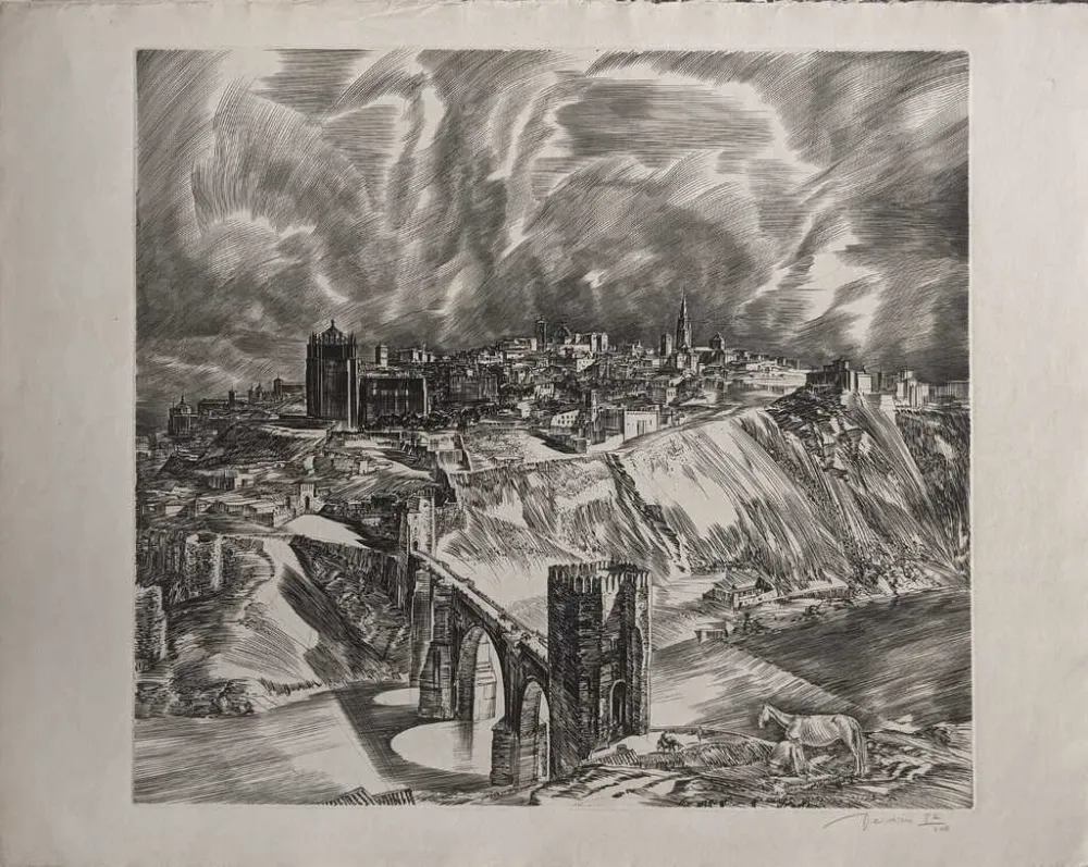 Acquaforte Decaris - Toledo (Puente San Martín en largeur de loin)