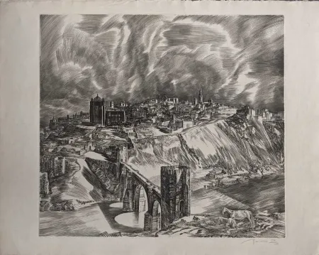 Acquaforte Decaris - Toledo (Puente San Martín en largeur de loin)