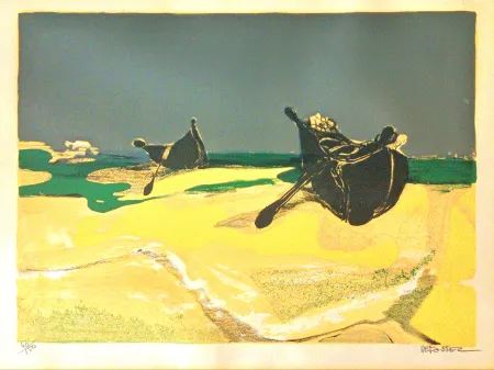 Litografia Defossez - Deserted Boats - Beautiful Vintage Lithograph