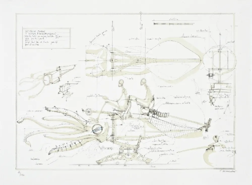 Litografia Delarozière - Le calamar a retropropulsion
