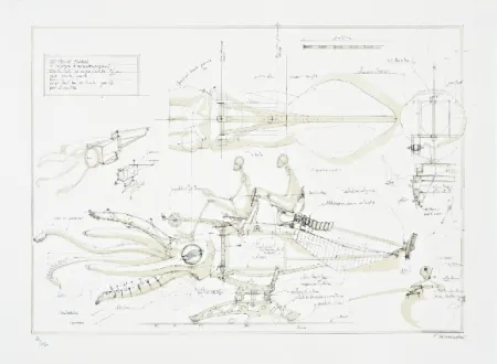 Litografia Delarozière - Le calamar a retropropulsion