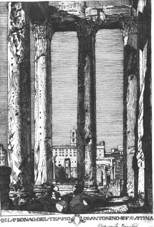 Acquaforte Disertori - Il pronao del tempio di Antonino e Faustina