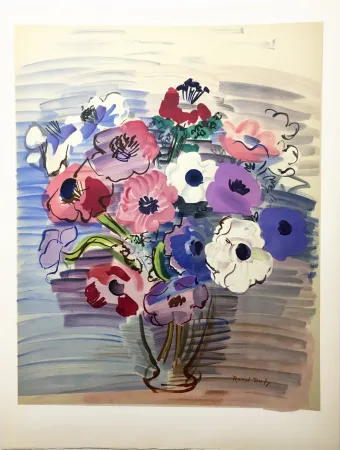 Litografia Dufy - BOUQUET D'ANÉMONES. Lithographie par Mourlot (vers 1955).