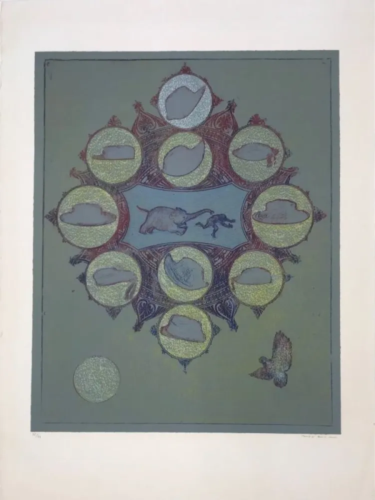 Litografia Ernst - Singe poursuivi par un éléphant pour un vol de chapeau 