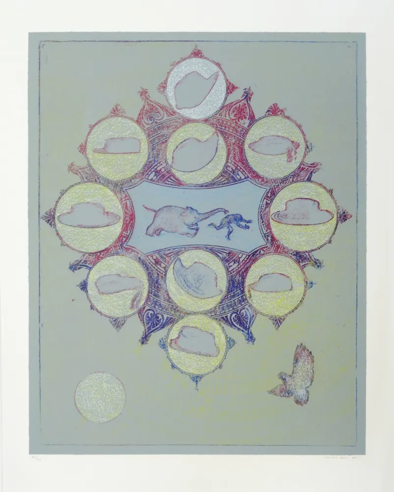 Litografia Ernst - Singe poursuivit par un éléphant