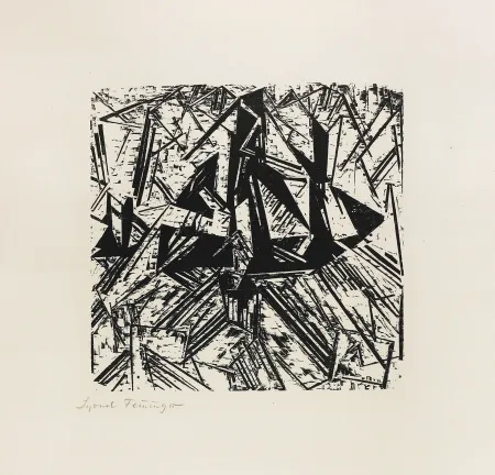 Incisione Su Legno Feininger - Barke und Brigg auf See (Segler)