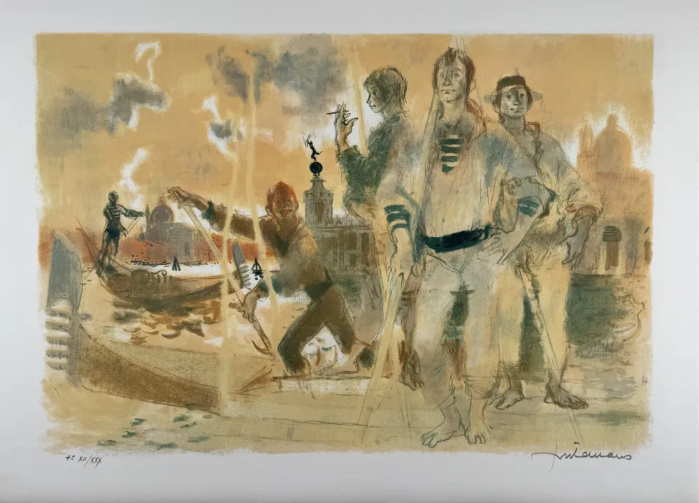Litografia Fontanarosa - Gondoliers à Venise