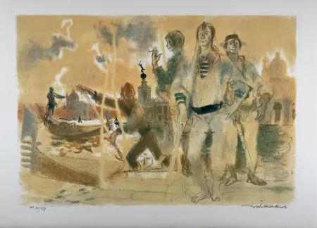Litografia Fontanarosa - Gondoliers à Venise