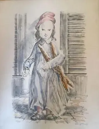 Litografia Foujita -  ''Fillette aux baguettes de pains'' ou ''Le matin'' circa 1956
