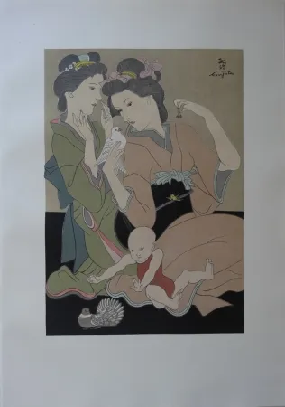 Incisione Su Legno Foujita - Geishas à la colombe