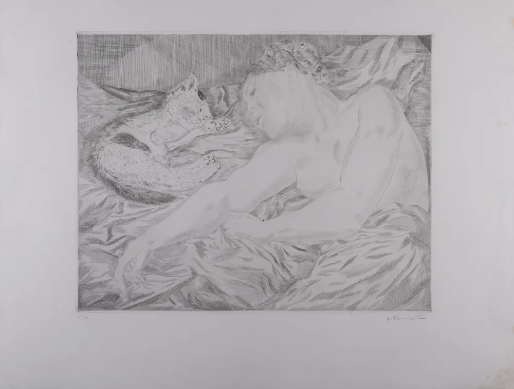 Incisione Foujita - La Femme au chat, 1927 - Hand-signed
