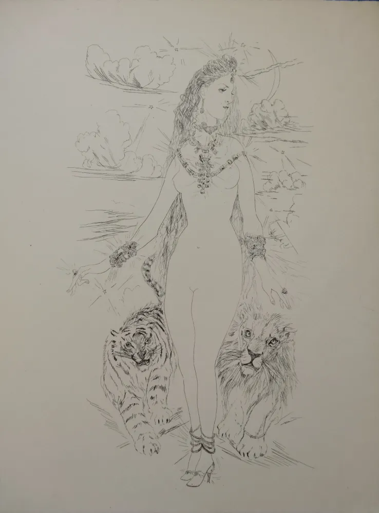 Incisione Foujita - La Rivière Enchantée - Nu aux tigres