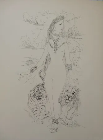 Incisione Foujita - La Rivière Enchantée - Nu aux tigres
