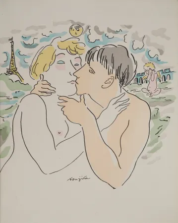 Incisione Foujita - Les amoureux à Paris