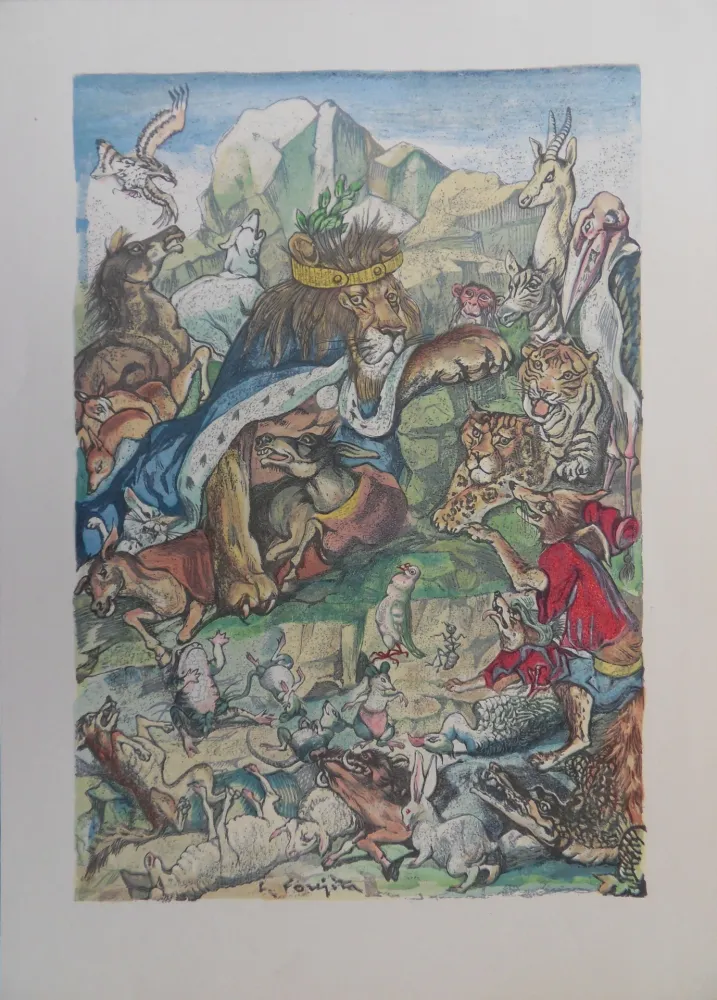 Incisione Su Legno Foujita - Les animaux malades de la peste