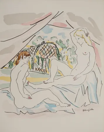 Incisione Foujita - Nu à la campagne