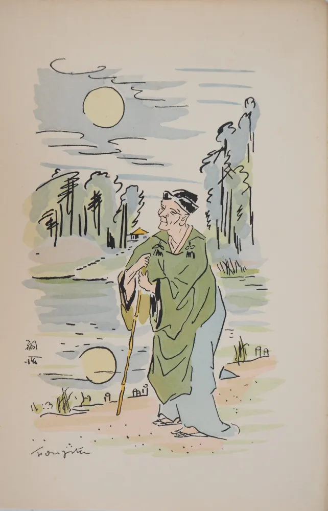 Incisione Foujita - Sage au bord de la rivière