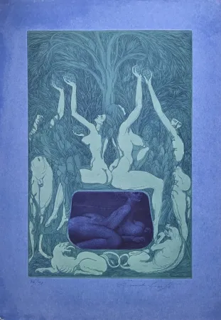 Acquatinta Fuchs - Nacht Unterschlupf im Laub