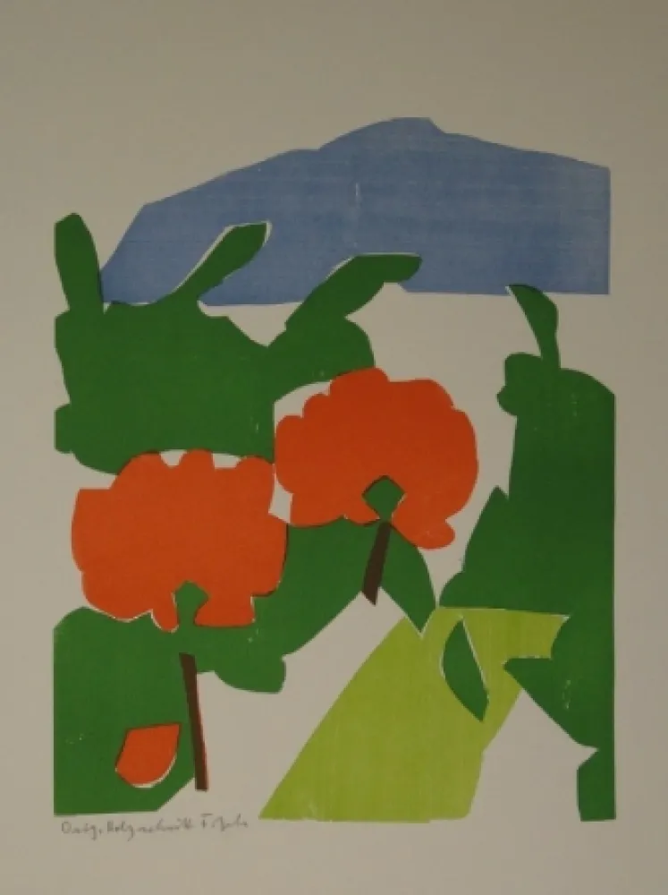 Incisione Su Legno Gehr - Zwei rote Bäume in Landschaft